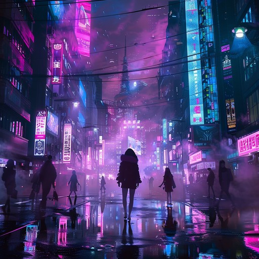 Rhythmic electronic beats and synthetic melodies merge to showcase a futuristic adventure filled with neon lights and dynamic cityscapes, capturing the essence of anime.