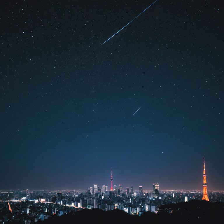 The alternative version, moonlit serenity path, enhances the feeling of solitude and tranquility under a starry night sky in tokyo. The use of a more pronounced bass line and extended ethereal sections leads listeners down a path of emotional depth and soothing soundscapes, providing a perfect backdrop for late night contemplation or calm relaxation.