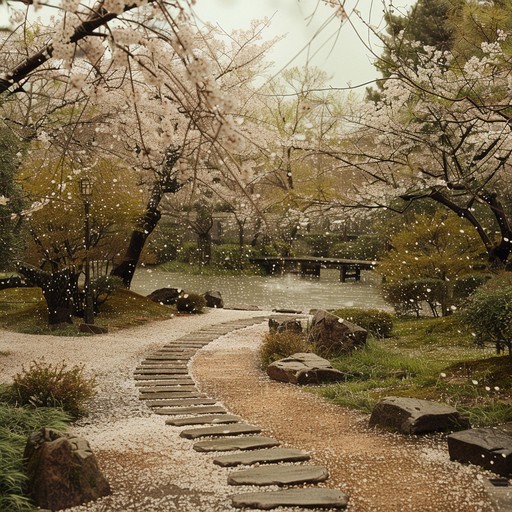 This instrumental piece captures the serenity and beauty of a tranquil japanese garden during the soft fall of cherry blossoms. The gentle strumming and harmonious melodies craft a soothing atmosphere that aids in reflection and tranquility. Designed to evoke the grace and subtle beauty found in anime scenes, where characters often find a moment of quiet contemplation amidst the cherry blossoms.