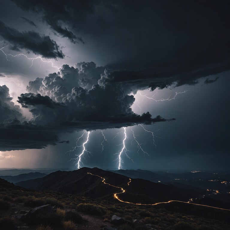 An orchestral piece that evokes a tumultuous storm, characterized by aggressive string movements and thunderous percussion, capturing the relentless power and fury of nature's wrath. The composition starts with a sinister whisper of violins, escalating into a full orchestral fury mimicking the crescendo of a tempest, complete with chaotic interludes and a haunting, powerful finale.