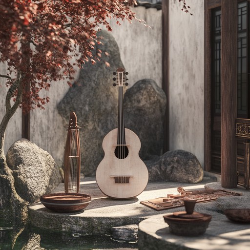 Experience a tranquil musical journey through ancient world's serene gardens, blending traditional instruments with calming ambient sounds to create a peaceful and meditative atmosphere