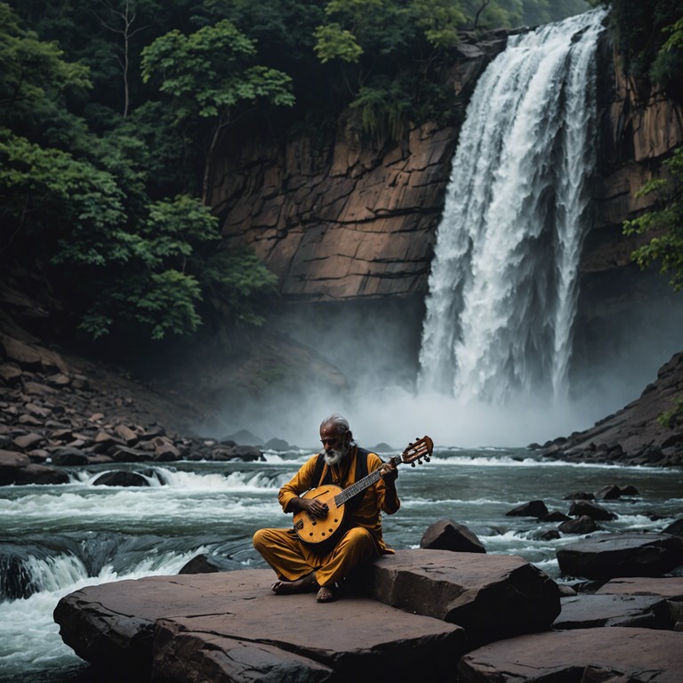 In this somber track, traditional indian raga intertwines seamlessly with the raw power of rock, creating a poignant atmosphere that delves into themes of longing and ancient wisdom. Ethereal sitar notes punctuate the steady, haunting rhythms of a rock ensemble, crafting a soundscape that is both reflective and compelling, imbued with a deep sense of nostalgia and contemplative depth.