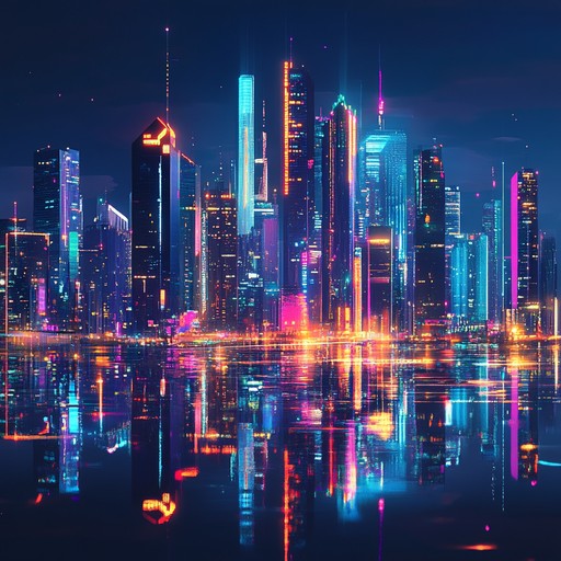 A vibrant, upbeat journey through a neon lit cyber cityscape, blending bouncy synth melodies and dynamic electronic beats to create an energizing, cheerful atmosphere.