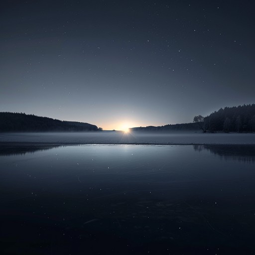 Picture a serene suomipop track that captures the tranquil and frosty atmosphere of a finnish lake under the starlit night sky. The composition flows with a gentle rhythm, evoking the quietness of nature and the soft crunch of snow. This track uses the kalimba to deliver a delicate melody, intertwining with ambient synthesizer pads that mimic the aurora borealis.