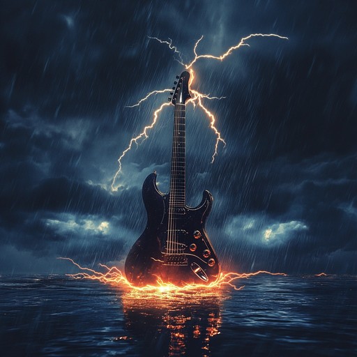 An electrifying instrumental hard rock piece with searing guitar riffs and pounding drums, evoking the raw power of a storm's surge.