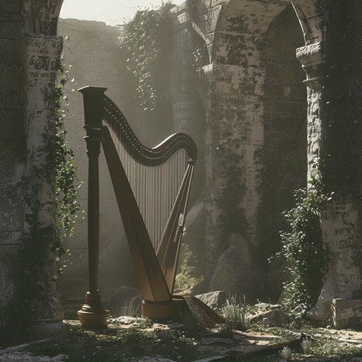 Dive into a serene auditory journey where the subtle sounds of a harp blend with the ambiance of ancient whispers, creating a tranquil soundscape that speaks to the soul's timeless journey through past civilizations.