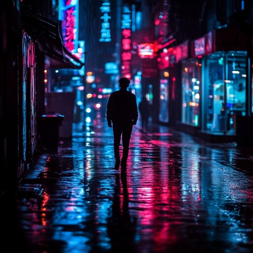 An enigmatic instrumental piece blending 80s synthpop elements with haunting synthesizers and driving rhythms, evoking a sense of mystery and nostalgia reminiscent of neon lit city nights