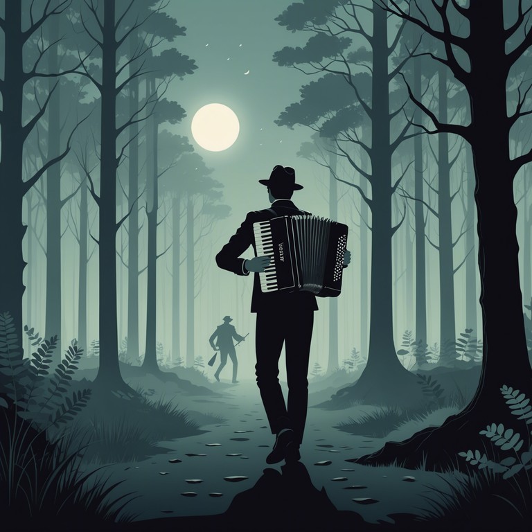 As the moon casts its silvery light through the shadowy boughs, the rhythm of an accordion merges with the nocturnal whispers of the forest, crafting a whimsical yet slightly eerie musical journey that feels both enchanting and haunting.