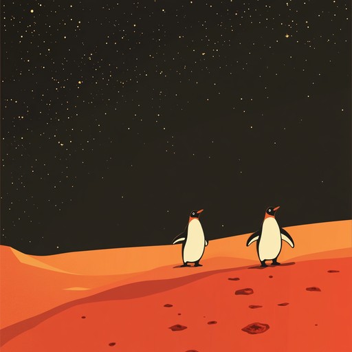 An instrumental track that captures the whimsical and playful image of penguins dancing joyfully on the red plains of mars. Light hearted melodies blend with spacey electronic sounds to create a fun and uplifting atmosphere.