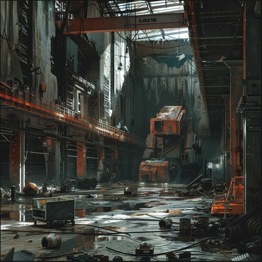 A dark and gritty instrumental combining heavy machinery noises with powerful electric guitar riffs, reminiscent of a crumbling industrial landscape.