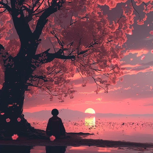 A beautifully serene and reflective piece featuring the acoustic guitar, perfectly capturing tender moments of introspection and emotional depth in anime, set against the backdrop of a cherry blossom twilight.