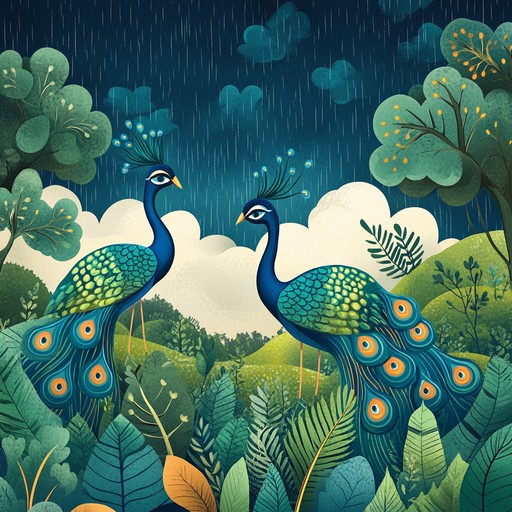 An instrumental piece featuring the sitar in a whimsical melody that captures the joy and playfulness of peacocks dancing in the monsoon rains. The tune weaves through light hearted rhythms and airy notes, bringing to life a vivid scene of nature's exuberance during the indian monsoon.