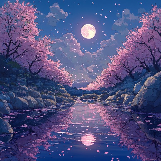 Compose a dreamlike experience with soft piano melodies, guiding listeners through a whimsical and nostalgic anime landscape illuminated by the tranquility of moonlit cherry blossoms.