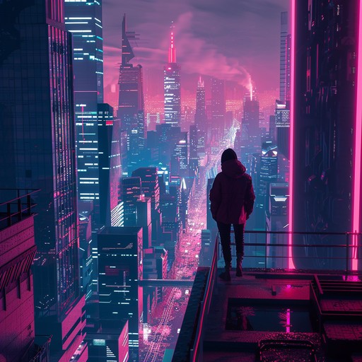 A nostalgic cyberpunk ambient soundscape that blends retro synth melodies with modern electronic textures. The main instrument, an analog synthesizer, paints a picture of a futuristic cityscape illuminated by neon lights, filled with a melancholic sense of lost dreams and aspirations.