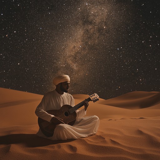 Embark on a dreamy voyage across the sands under glistening stars with ethereal middle eastern melodies. The tranquil oud strings serenade with ancient stories and whispers of a mystical night. Close your eyes and let the desert breeze guide your spirit through a serene, otherworldly realm.