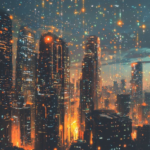 An instrumental piece that blends glittering synth melodies with futuristic electronic rhythms, creating an immersive sonic experience of a luminous cityscape in the future.