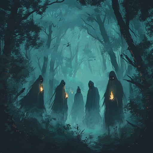 In a fog cloaked forest, raging spirits chant vehemently, their fury channeled through haunting violin melodies. Each note drips with centuries old anger, creating a fierce, dark folk orchestration echoing through the eerie wilderness.