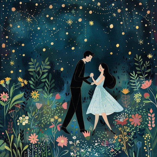 Imagine a beautifully dressed couple performing a waltz in a lush garden, illuminated by the gentle light of the moon. The soothing strains of violin enhance the timeless and romantic atmosphere, creating an intimate, heartwarming experience.