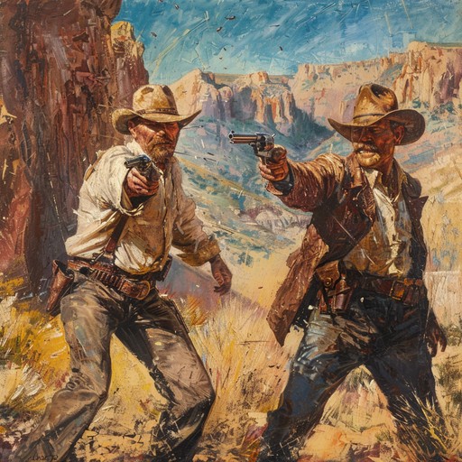 A suspenseful and dramatic instrumental piece evoking a tense showdown between gunslingers in the old west. Featuring twangy guitar riffs, haunting harmonica, and galloping percussion building to a climactic faceoff.