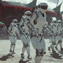 fast paced, futuristic celebration with robotic rhythms and carnival vibes