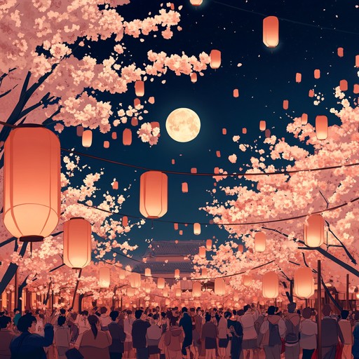 An energetic instrumental track blending traditional japanese instruments with modern anime style arrangements, evoking the joy and excitement of a cherry blossom festival under the moonlight.