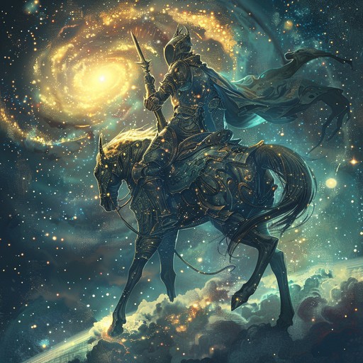 A haunting, epic composition that brings to life the story of a celestial warrior navigating through ancient, mystical realms and cosmic battles. Ethereal orchestral elements merge with electronic soundscapes, creating a sound that's both timeless and futuristic, reflective of the warrior’s eternal struggle and triumph.