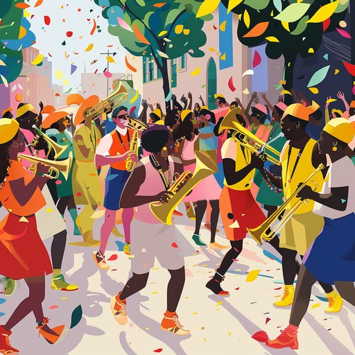 Immerse in the infectious energy of a sun filled street carnival with bright brass melodies and lively rhythms, encapsulating the joy and excitement of a bustling festival.