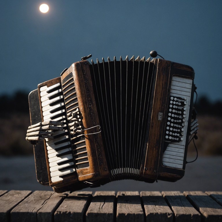 As night falls, a timeworn puppet theatre comes alive, with each accordion note drawing forth the shadows of playful, spectral marionettes engaging in a midnight dance. It's both haunting and enchanting, like a forgotten fairy tale whispered in the winds of an old european village.