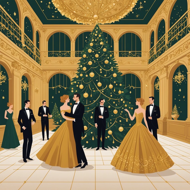 A lush, orchestral composition that captures the elegance and joy of festive season celebrations, perfect for a grand holiday party scene with a sweeping view of a lavishly decorated ballroom. Guests in fine attire laugh and dance, reflecting the opulence and warmth of the season.