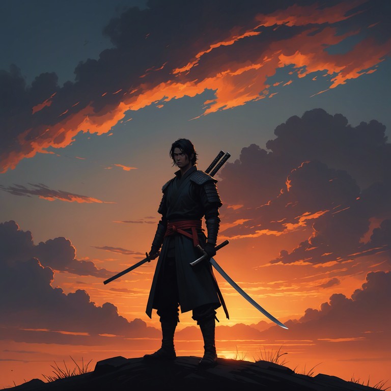 A triumphantly intense soundtrack for an anime style final duel, set against the backdrop of a beautifully brutal sunset, emphasizing the emotional stakes with a traditional japanese instrument mixed with orchestral elements.