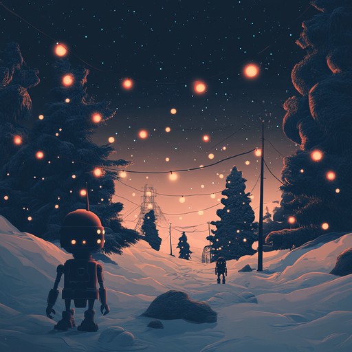 This piece blends synthesizers with traditional holiday bells to create a futuristic take on christmas music, evoking the imagery of celebrating holidays on a distant planet, with robotic carolers and glittering cosmic decorations