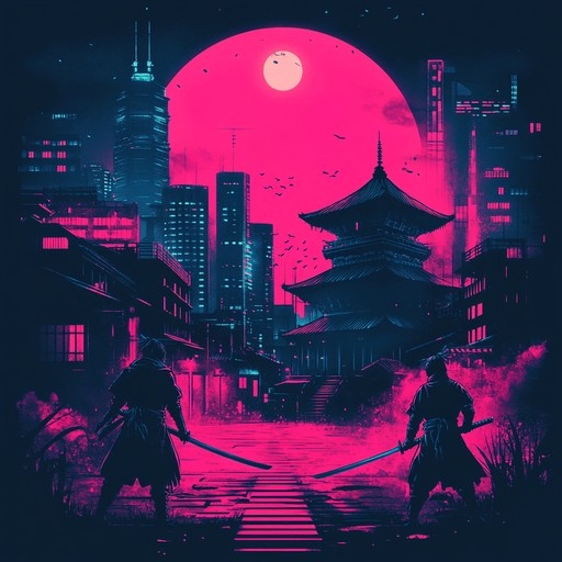 An intense blend of aggressive guitar riffs and electronic beats set in a neon lit cyberpunk world, perfect for a high octane anime showdown. The track builds up tension and resolves in an electrifying burst of sound.