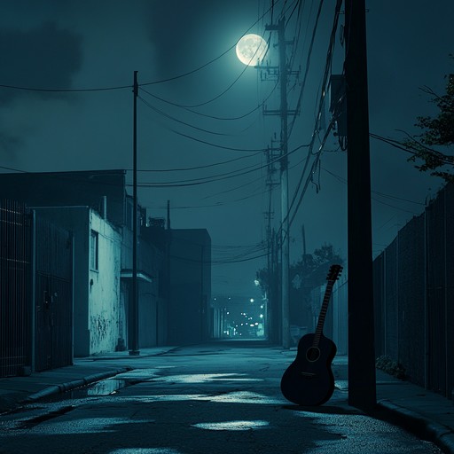 A smooth blues rock piece featuring a soulful guitar melody that meanders through the night, capturing the essence of quiet urban streets under moonlight. The slow paced rhythm is complemented by subtle percussive elements, giving the piece a grounded yet ethereal quality. This track should resonate with listeners looking for a reflective, emotive musical journey.