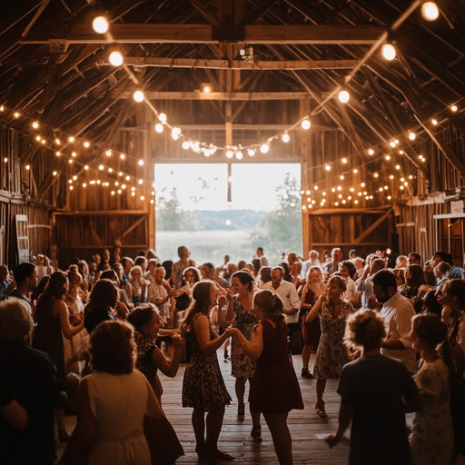 Picture a lively mountain hoedown filled with joyous dances under the summer sun. Banjo melodies drive the excitement, evoking nostalgia and togetherness in a vibrant rural setting.