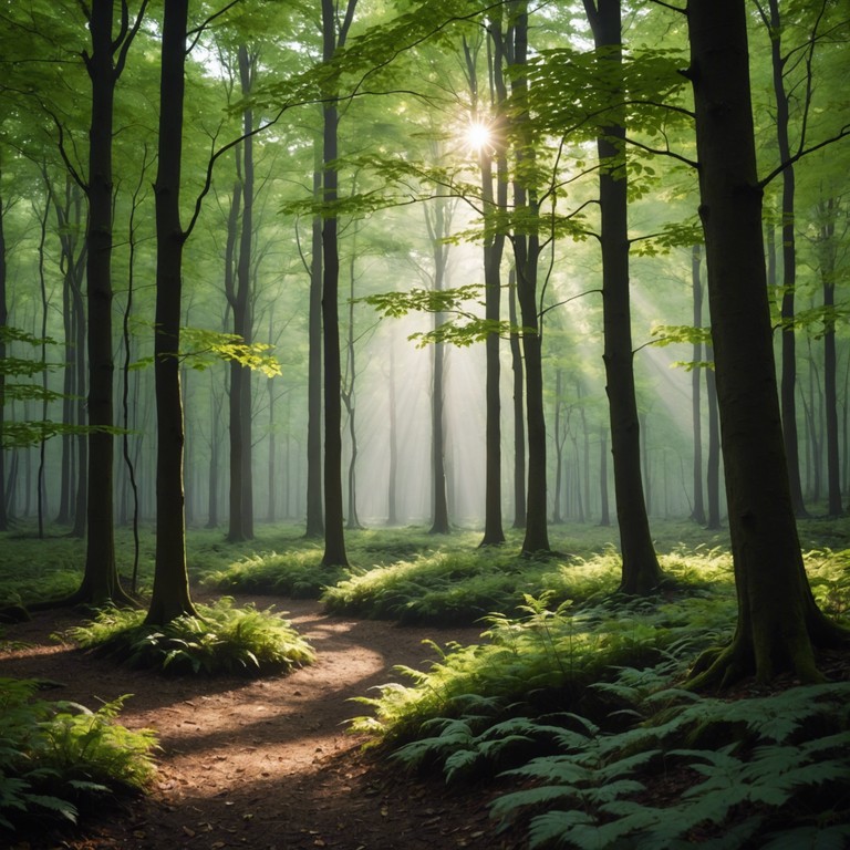 In this composition, soft melodies harmoniously blend with the sounds of the natural world, evoking the serene and magical atmosphere of a sunlit forest. Subtle instrumental layers mimic the quiet whispers of the wind and the distant rustle of leaves, creating a tranquil and immersive auditory experience.