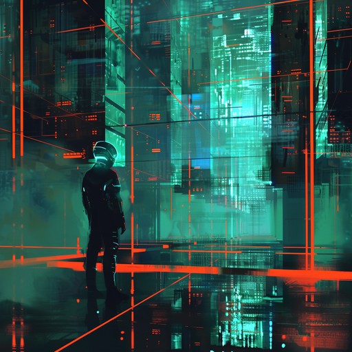 An immersive journey through a high-tech digital landscape, featuring pulsating electronic beats, glitchy synths, and atmospheric pads, evoking the excitement and mystery of a virtual world.