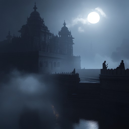 Explore chilling sitar melodies in a midnight raga that evokes a hauntingly mystical atmosphere, immersing listeners in the darkness of an ancient indian night.