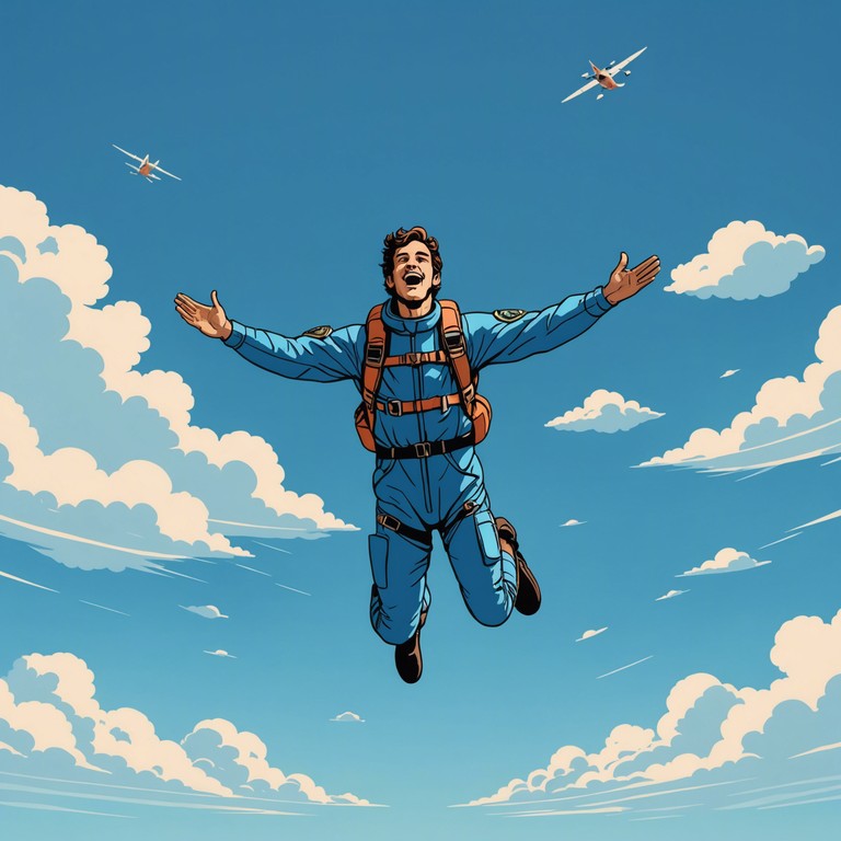 Imagine a musical piece that encapsulates the thrill of freefalling from the sky, its dynamic rhythms mimicking the accelerating heartbeat of a skydiver. The song begins with a quiet suspense, building in intensity and complexity, before it breaks into a fast paced melodic explosion, capturing the exhilarating freedom of the descent.