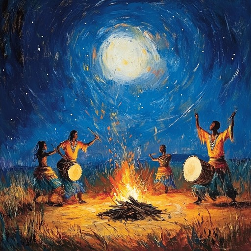 A vibrant instrumental track featuring traditional african percussion driving ecstatic dance rhythms, evoking the energy of ancient celebrations under open skies.