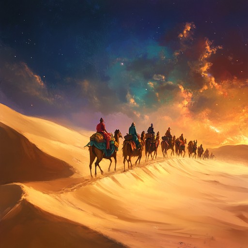 An upbeat instrumental jingle combining traditional middle eastern melodies with modern grooves, capturing the lively atmosphere of a desert caravan journey.