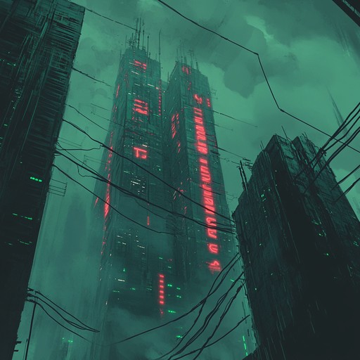 An explosive mix of heavy synths and distorted guitars creating a tense, futuristic atmosphere, perfect for scenes of rebellion in a dystopian cyberpunk city.