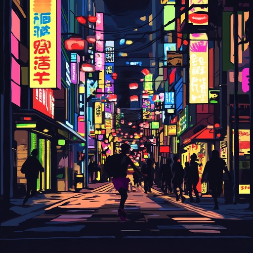 A high energy instrumental j pop song that encapsulates the exhilaration of dancing through the bustling streets of tokyo at night, with bright synth melodies and driving rhythms that evoke feelings of pure ecstasy and joy.