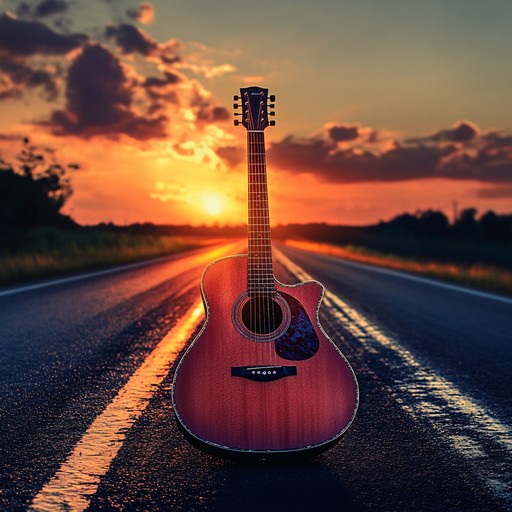 Capture the essence of an inspiring journey with a sunset backdrop, blending traditional blues guitar riffs that speak of hope and determination. The soulful melodies evoke the feeling of driving down a long road, the sky painted with the colors of the setting sun, symbolizing the promise of new beginnings.