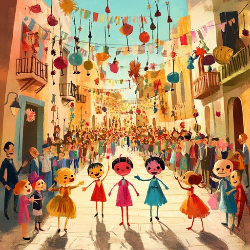 An enchanting instrumental piece that blends folk traditions with carnival merriment, using playful percussions and melodic progressions to create a whimsical and joyful soundscape, reminiscent of a bustling street dance with dancing puppets.