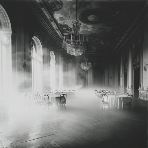 An ornate and eerie baroque orchestral composition with harpsichord and strings, capturing the haunting dread of an opulent, yet shadowy ballroom. The careful weaving of complex musical phrases enhances the tension and nervous energy, creating a captivating yet unsettling auditory experience.