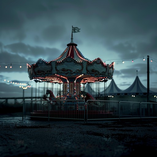 An eerie and off-kilter merry-go-round tune that evokes a sense of unease and disorientation, as if the carnival has taken on a sinister and twisted atmosphere. The melody is played on a slightly out-of-tune music box, accompanied by unsettling sound effects like creaking wood, distant screams, and distorted laughter. The overall vibe is one of a once-cheerful carnival ride that has been warped into a nightmarish experience.