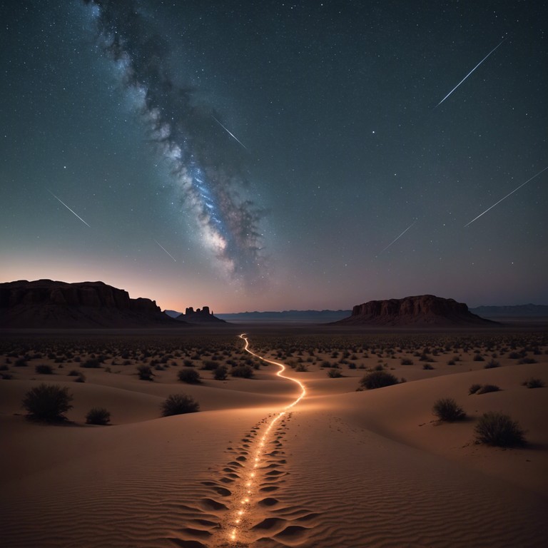 A serene guitar melody flows over an ethereal soundscape, reflecting the solitude and profound beauty of a western desert as dusk turns to night. The music paints a picture of quiet mystery, where each note resonates like a whisper on the wind, beckoning the listener to lose themselves in the vastness.