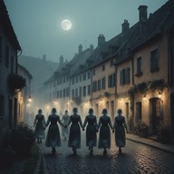 ghostly revelers dance under moonlit eerie polka