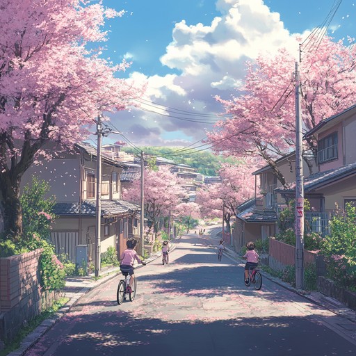 Picture an anime town at sunrise, filled with cheerful atmosphere as the day begins. Flute melodies blend seamlessly to create an uplifting, peaceful feeling.