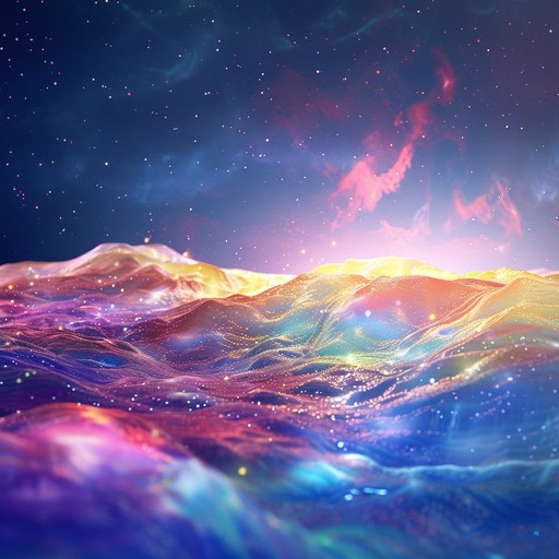 Experience an interstellar voyage with ethereal synthesizer waves, capturing vibrant cosmic energy. Shimmering stars and radiant nebulae create a mystical and euphoric atmosphere, enveloping the listener in a magical celestial dreamscape.